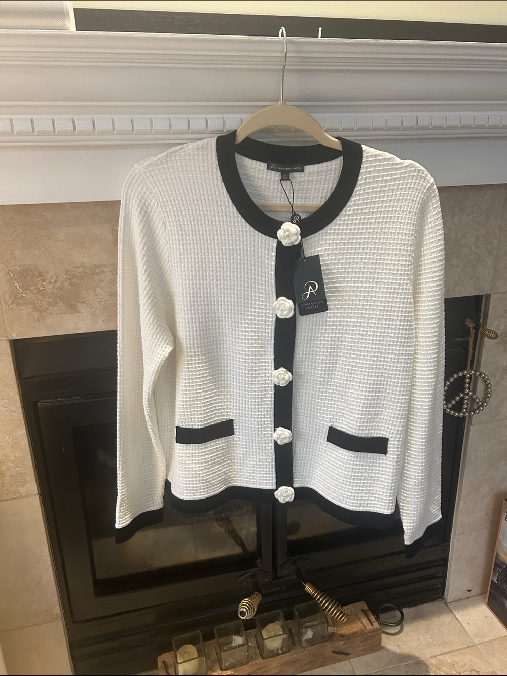 Adrianna Papell White Knit Cardigan with Black Trim and Pearl Buttons